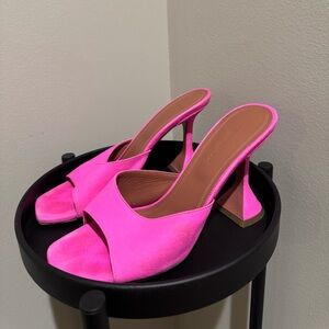 Amina Muaddi Lupita Suede Slipper Mule in flamingo pink